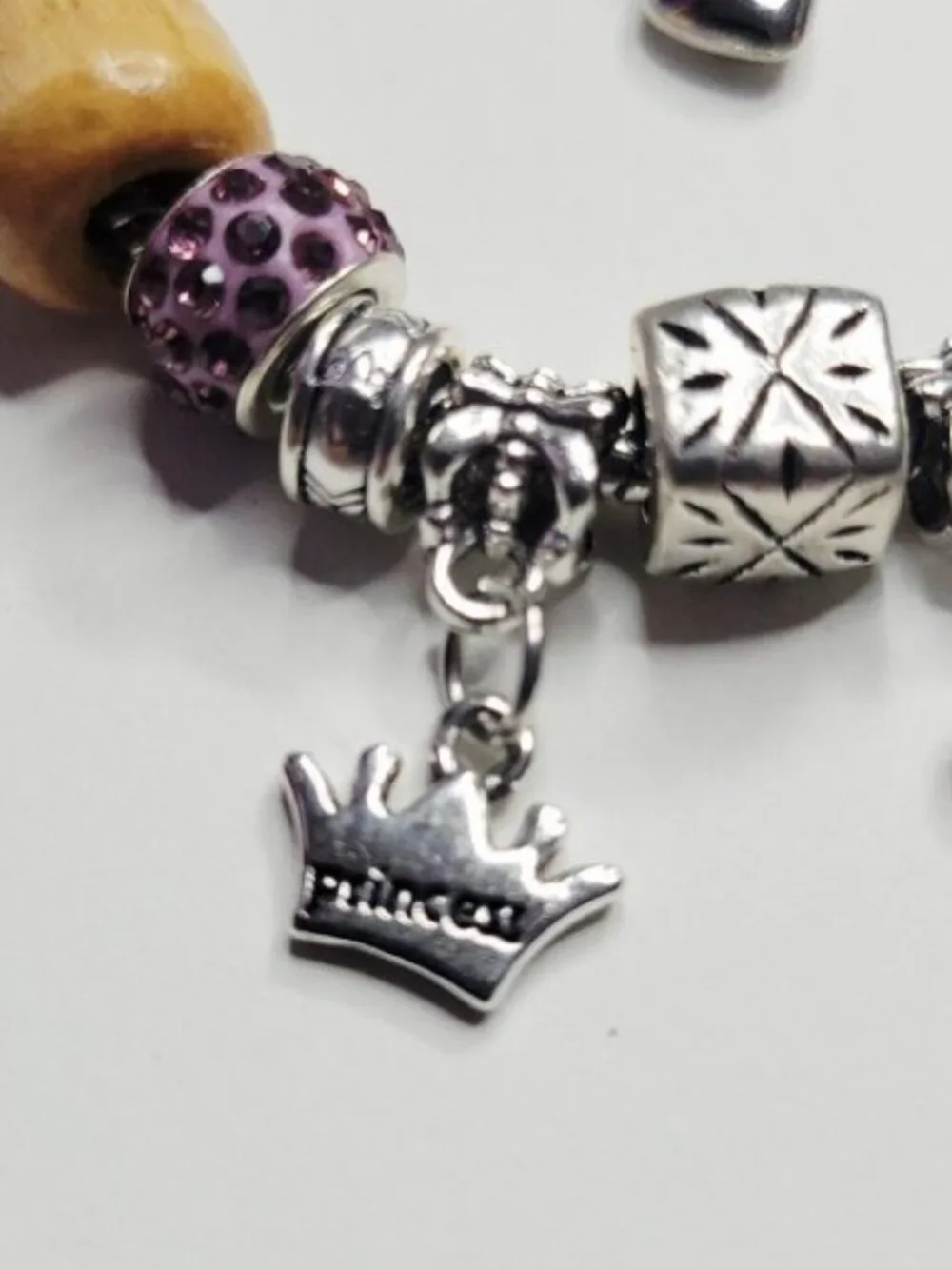 NWT Crown Princess Pandora Style Charm Bracelet Purple Rhinestones Wood Beads